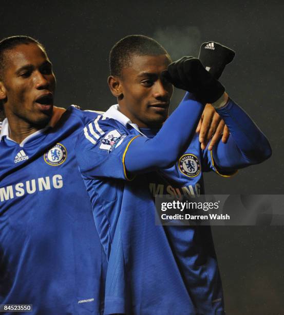 Salomon Kalou of Chelsea celebrates his goal with Didier Drogba of Chelsea during the Barclays Premier League match between Chelsea and Middlesbrough...