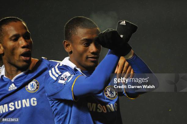 Salomon Kalou of Chelsea celebrates his goal with Didier Drogba of Chelsea during the Barclays Premier League match between Chelsea and Middlesbrough...
