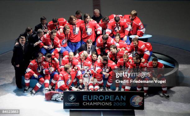 The team of Zurich celebrates after winning the IIHF Champions League final between ZSC Lions Zurich and Metallurg Magnitogorsk at the Diners Club...