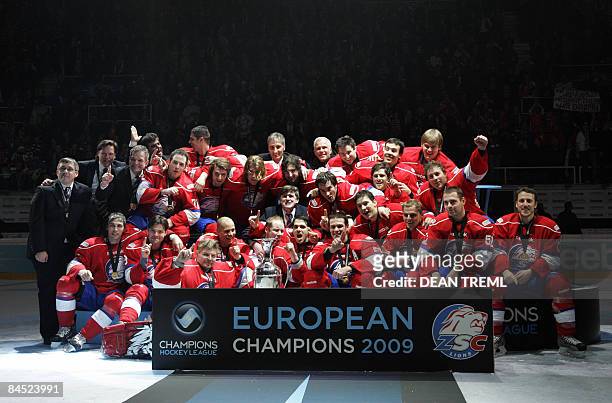 The ZSC Lions team celebrate after the Champions Hockey League Final 2 between Russian club Metallurg Magnitogorsk and Swiss club ZSC Lions at...