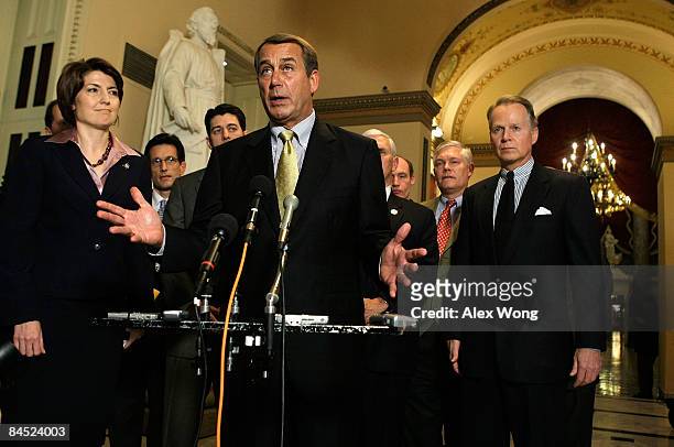 House Minority Leader Rep. John Boehner speaks as Rep. Cathy McMorris Rodgers , House Minority Whip Rep. Eric Cantor , Rep. David Drier and Rep. Pete...