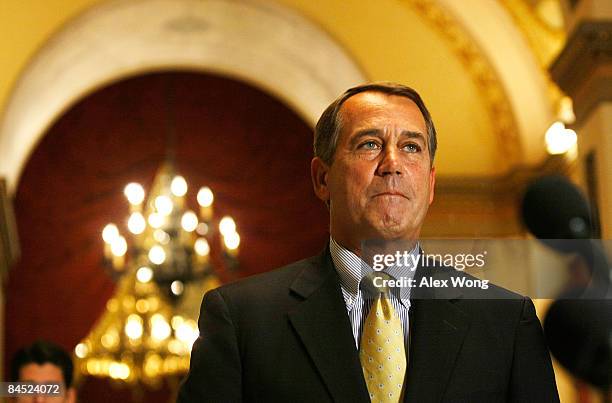 House Minority Leader Rep. John Boehner arrives for a news conference on Capitol Hill January 28, 2009 in Washington, DC. The House Republican held a...