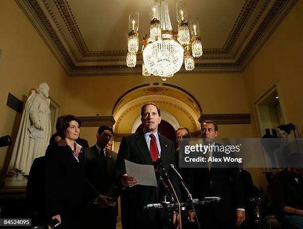 Rep. Dave Camp speaks as House Minority Leader Rep. John Boehner , Rep. Cathy McMorris Rodgers , and Rep. David Drier listen during a news conference...