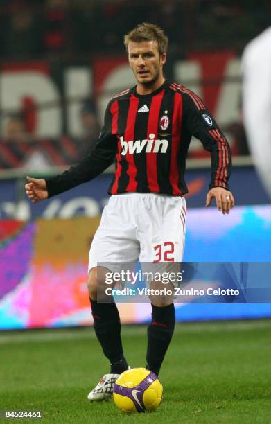 Milan's English midfielder David Beckham in action during AC Milan v Genoa CFC held at San Siro Stadium on January 28, 2009 in Milan, Italy.