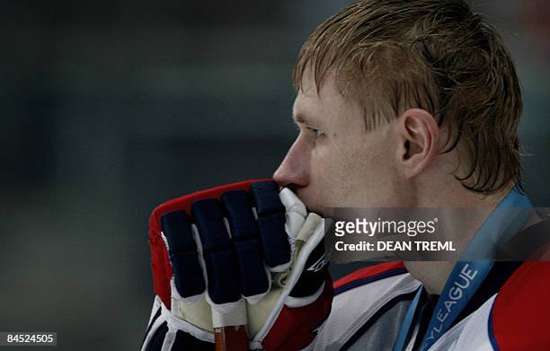 Metallurg's Denis Platonov stands dejected after the Champions Hockey League Final 2 between Russian club Metallurg Magnitogorsk and Swiss club ZSC...