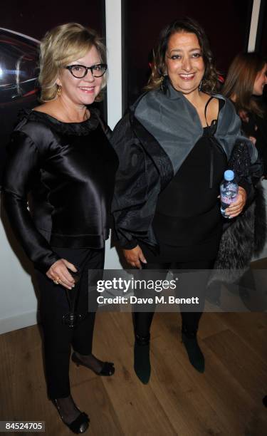 Kay Saatchi and Zaha Hadid attend the private view to launch a new kitchen and bathroom lifestyle by Zaha Hadid, at 46 Portland Place on January 28,...