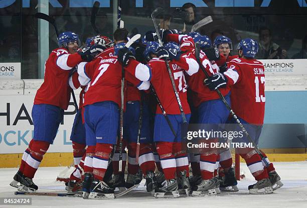 The Lions celebrate at the final hooter of the Champions Hockey League Final 2 between Russian club Metallurg Magnitogorsk and Swiss club ZSC Lions...