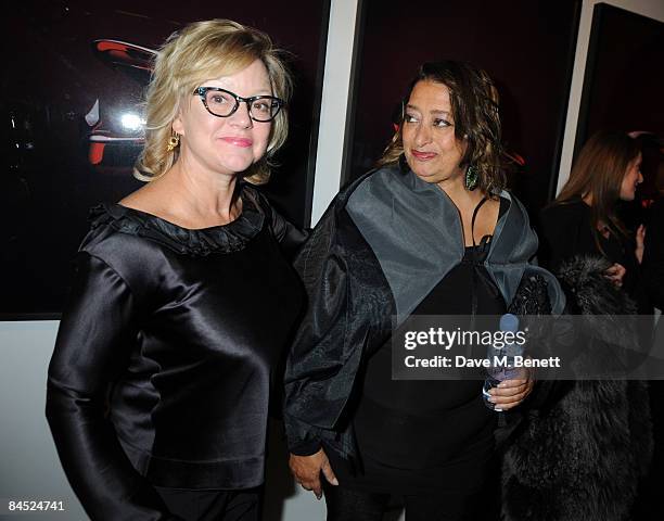 Kay Saatchi and Zaha Hadid attend the private view to launch a new kitchen and bathroom lifestyle by Zaha Hadid, at 46 Portland Place on January 28,...