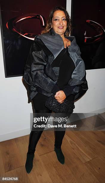Zaha Hadid attends the private view to launch a new kitchen and bathroom lifestyle by Zaha Hadid, at 46 Portland Place on January 28, 2009 in London,...