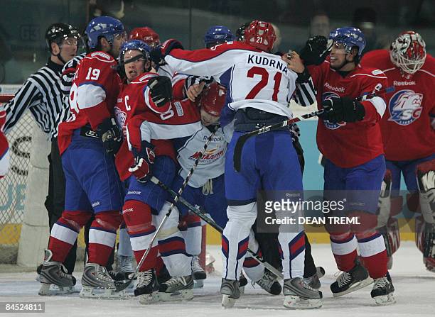Fight breaks out during the Champions Hockey League Final 2 between Russian club Metallurg Magnitogorsk and Swiss club ZSC Lions at the Diners's Club...