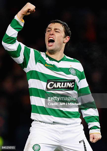 Scott MacDonald of Celtic, celebrates after scoring the wining goal in a penalty shoot out during the the Co-operative Insurance Cup Semi Final...