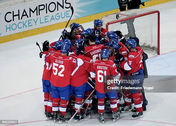 The team of Zurich celebrates after winning the IIHF Champions League final between ZSC Lions Zurich and Metallurg Magnitogorsk at the Diners Club...