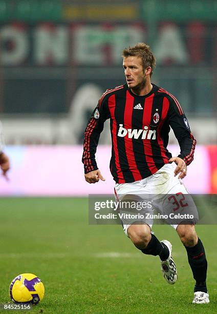 Milan's English midfielder David Beckham is seen in action during AC Milan v Genoa CFC held at San Siro Stadium on January 28, 2009 in Milan, Italy.