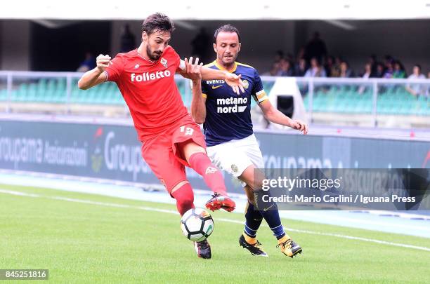 Davide Astori of ACF Fiorentina in action during the Serie A match between Hellas Verona FC and ACF Fiorentina at Stadio Marc'Antonio Bentegodi on...