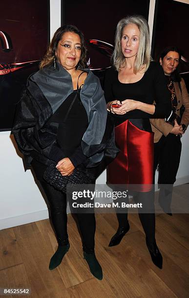 Zaha Hadid and Nicolette Kwok attend the private view to launch a new kitchen and bathroom lifestyle by Zaha Hadid, at 46 Portland Place on January...