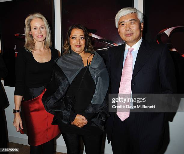 Nicolette Kwok and Zaha Hadid attend the private view to launch a new kitchen and bathroom lifestyle by Zaha Hadid, at 46 Portland Place on January...
