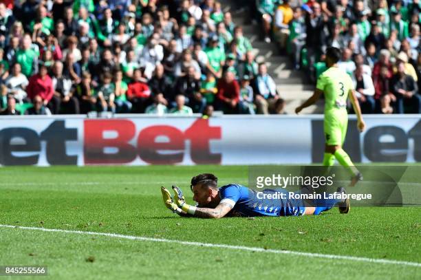 Alexandre Letellier of Angers looks dejected during the Ligue 1 match between AS Saint Etienne and Angers SCO at Stade Geoffroy-Guichard on September...