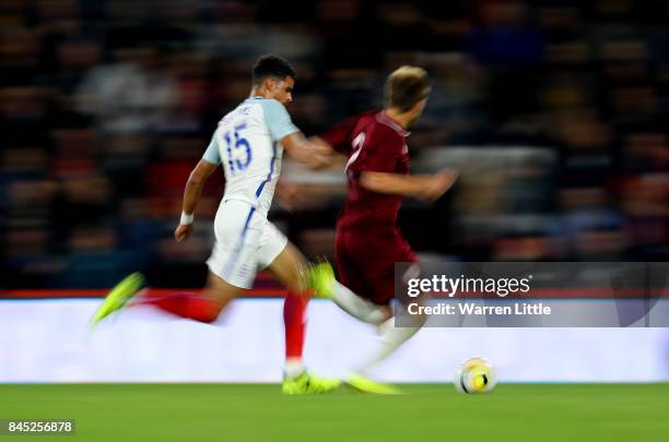 Dominic Solanke of England in action during the UEFA Under 21 Championship Qualifiers between England and Latvia at the Vitality Stadium on September...