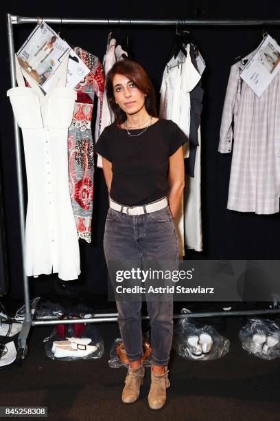 Designer Francesca Liberatore prepares backstage for Francesca Libertatore fashion show during New York Fashion Week: The Shows at Gallery 1,...