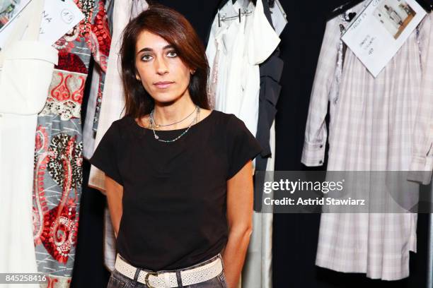 Designer Francesca Liberatore prepares backstage for Francesca Libertatore fashion show during New York Fashion Week: The Shows at Gallery 1,...