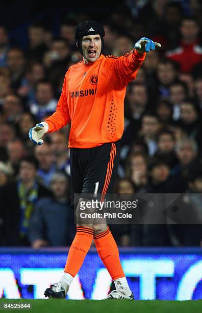 Petr Cech of Chelsea gestures during the Barclays Premier League match between Chelsea and Middlesbrough at Stamford Bridge on January 28, 2009 in...
