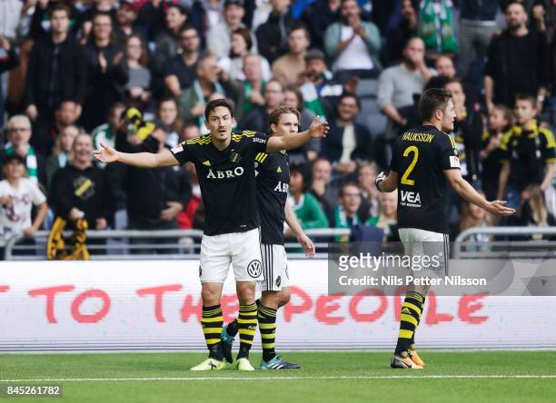 Stefan Ishizaki of AIK reacts during the Allsvenskan match between Hammarby IF and AIK at Tele2 Arena on September 10, 2017 in Stockholm, Sweden.