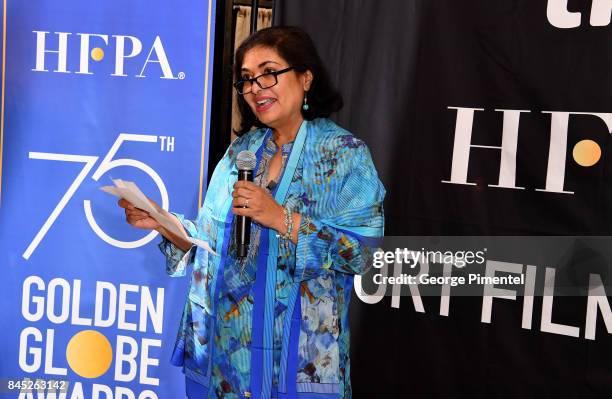 President Meher Tatna presents the first-ever "HFPA & TIFF Short Film Award" at The Hollywood Foreign Press Association and InStyles annual...