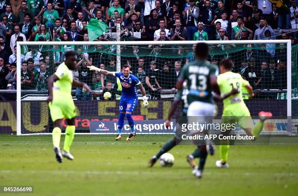 Angers' French goalkeeper Alexandre Letellier gestures during the French L1 football match between Saint-Etienne and Angers on September 10 at the...
