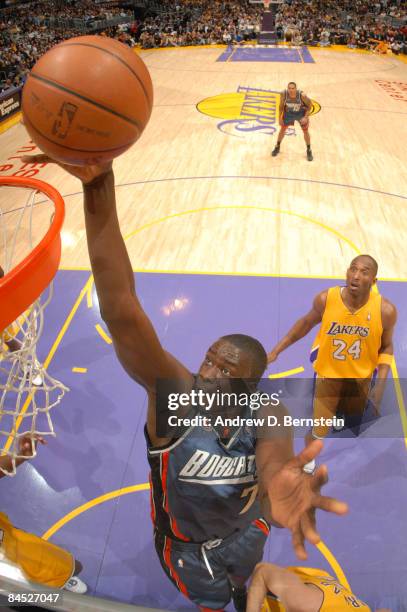 DeSagana Diop of the Charlotte Bobcats goes up for a layup during a game against the Los Angeles Lakers at Staples Center on January 27, 2009 in Los...