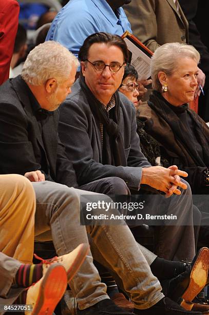 Actor Andy Garcia watches a game from courtside between the Charlotte Bobcats and the Los Angeles Lakers at Staples Center on January 27, 2009 in Los...