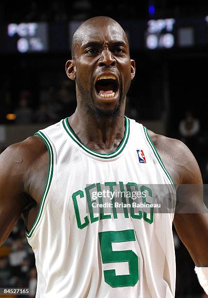 Kevin Garnett of the Boston Celtics yells to the crowd before the game against the Sacramento Kings on January 28, 2009 at the TD Banknorth Garden in...