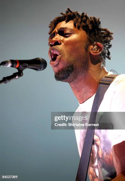 Kele Okereke of Bloc Party performs at sold out show at Manchester Apollo on January 28, 2009 in Manchester, England.