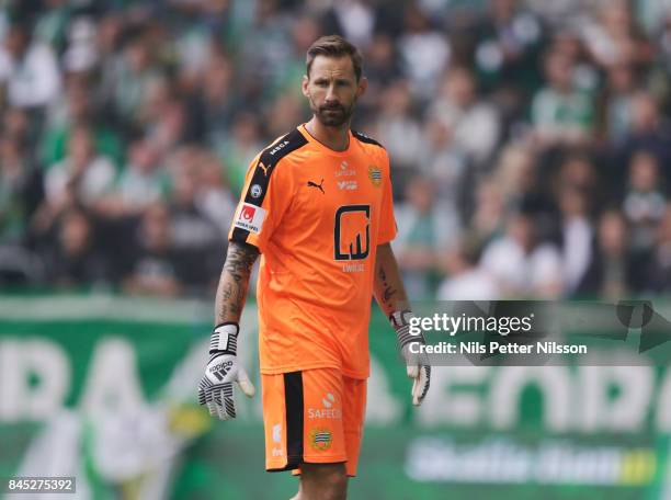 Johan Wiland, goalkeeper of Hammarby IF during the Allsvenskan match between Hammarby IF and AIK at Tele2 Arena on September 10, 2017 in Stockholm,...