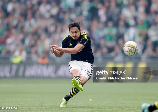 Stefan Ishizaki of AIK shoots during the Allsvenskan match between Hammarby IF and AIK at Tele2 Arena on September 10, 2017 in Stockholm, Sweden.