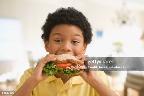 mixed race boy eating healthy sandwich - kids eat stock pictures, royalty-free photos & images