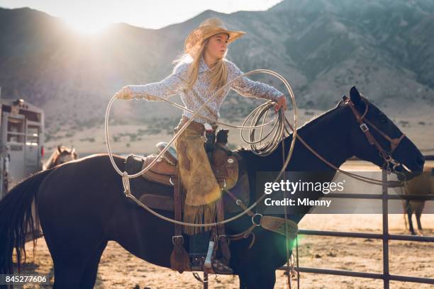 lassoing training teenage cowgirl - rodeo stock pictures, royalty-free photos & images