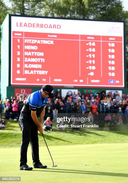 Scott Hend of Australia misses a putt on the 18th hole during the play off during Day Five of the Omega European Masters at Crans-sur-Sierre Golf...