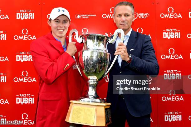 Matthew Fitzpatrick of England poses with the trophy after Day Five of the Omega European Masters at Crans-sur-Sierre Golf Club on September 10, 2017...