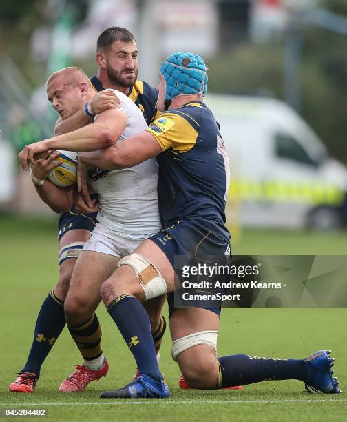 Wasps' Tom Cruse is tackled by Worcester Warriors' Pierce Phillips during the Aviva Premiership match between Worcester Warriors and Wasps at Sixways...