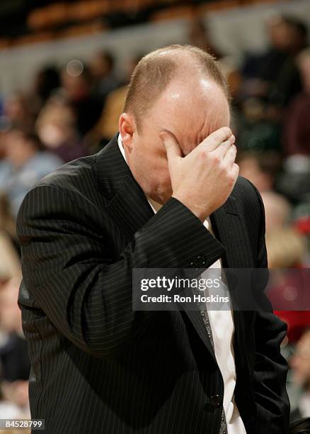 Head coach Scott Skiles of the Milwaukee Bucks reacts after losing to the Indiana Pacers 107-99 at Conseco Fieldhouse on January 28, 2009 in...