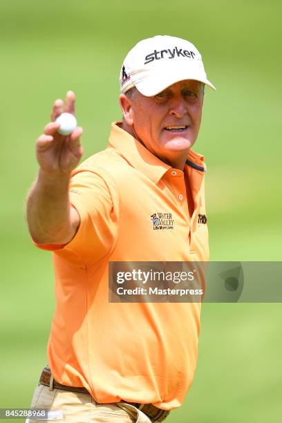 Fred Funk of the United States reacts during the final round of the Japan Airlines Championship at Narita Golf Club-Accordia Golf on September 10,...