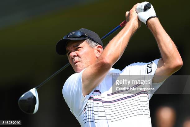 Scott Dunlap of the United States hits his tee shot on the 10th hole during the final round of the Japan Airlines Championship at Narita Golf...