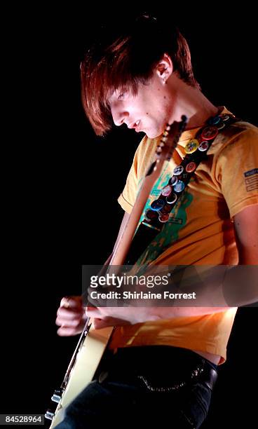 Russell Lissack of Bloc Party performs at sold out show at Manchester Apollo on January 28, 2009 in Manchester, England.