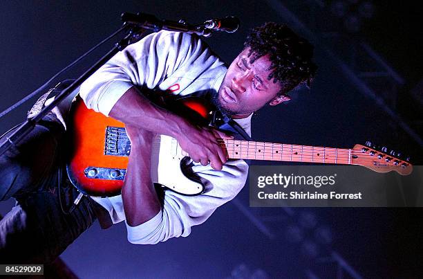 Kele Okereke of Bloc Party performs at sold out show at Manchester Apollo on January 28, 2009 in Manchester, England.