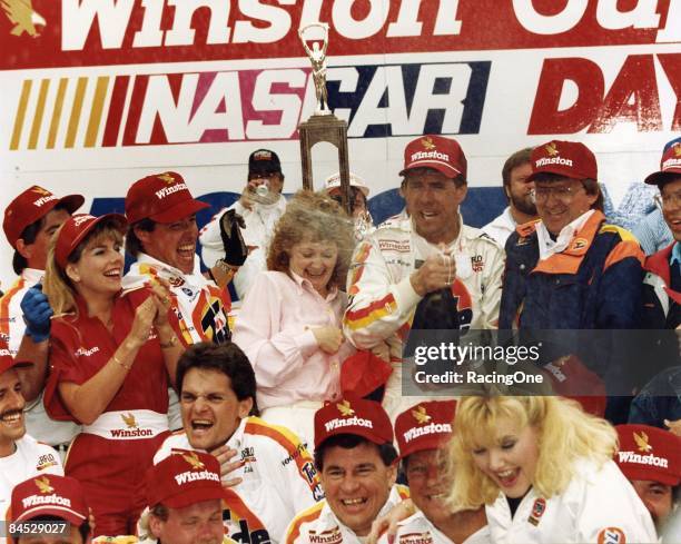 Darrell Waltrip with his wife Stevie in victory lane following his 1989 Daytona 500 win. Hendrick Motorsports cars finished 1-2, as Ken Schrader...