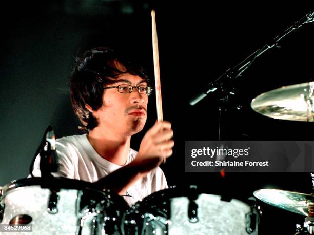 Matt Tong of Bloc Party performs at sold out show at Manchester Apollo on January 28, 2009 in Manchester, England.