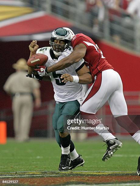 Quarterback Donovan McNabb of the Philadelphia Eagles fumbles the ball after being hit by safety Adrian Wilson of the Arizona Cardinals during the...