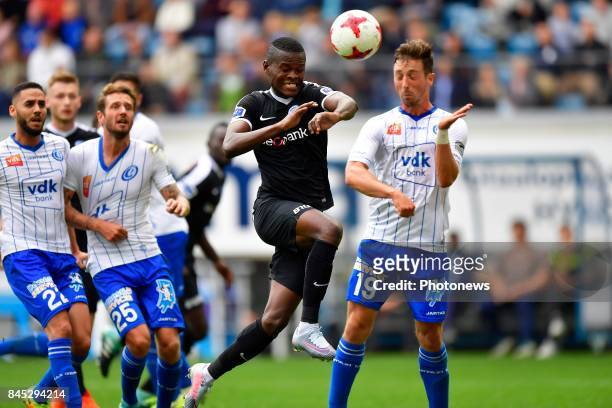 Ally Mbwana Samatta forward of KRC Genk jumps towards the ball during the Jupiler Pro League match between KAA Gent and KRC Genk at the Ghelamco...