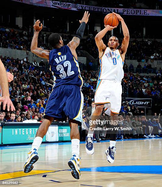 Russell Westbrook of the Oklahoma City Thunder shoots a jump shot against O.J. Mayo of the Memphis Grizzlies at the Ford Center on January 28, 2009...