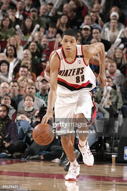 Nicolas Batum of the Portland Trail Blazers dribbles the ball downcourt against the Toronto Raptors during the game on December 27, 2008 at the Rose...